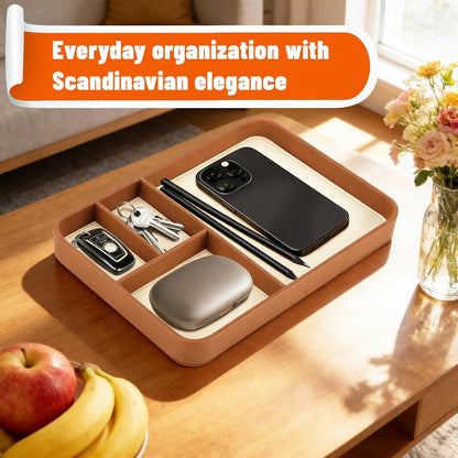Valet Tray for Men, PU Leather Desk & Nightstand Organizer - Two-Toned Catch All Tray for Keys, Wallet, Watch, Jewelry and EDC Gear (black)