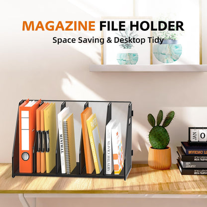 SUPEASY Binder Organizer, Magazine File Holder with 5 Vertical Compartments Rack, Metal Desk File Organizer & Binder Holders, Magazine Organizers for Office Desktop, Home, School, Classroom (Black)