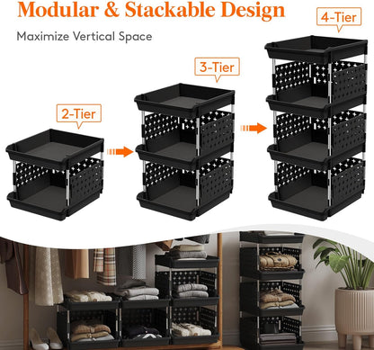 Lifewit Plastic Stackable Storage Baskets, 4 Tier Stacking Bins for Food and Clothes, Multifunctional Organizer for RV, Kitchen, Playroom, Pantry and Bathroom, 13.8"D x 11.8"W x 28.3"H, 1 Pack, White