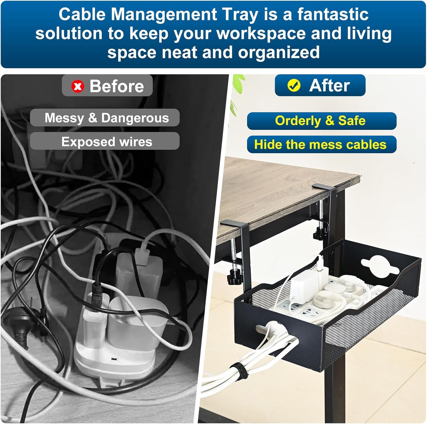 Extra Wide Under Desk Cable Management - No Drill Installation Cable Management Tray, Modern Cord Organizer for Office/Home Desk, Fits Power Strips & Wires((White, XL)