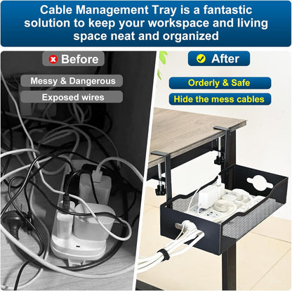 Extra Wide Under Desk Cable Management - No Drill Installation Cable Management Tray, Modern Cord Organizer for Office/Home Desk, Fits Power Strips & Wires((White, XL)