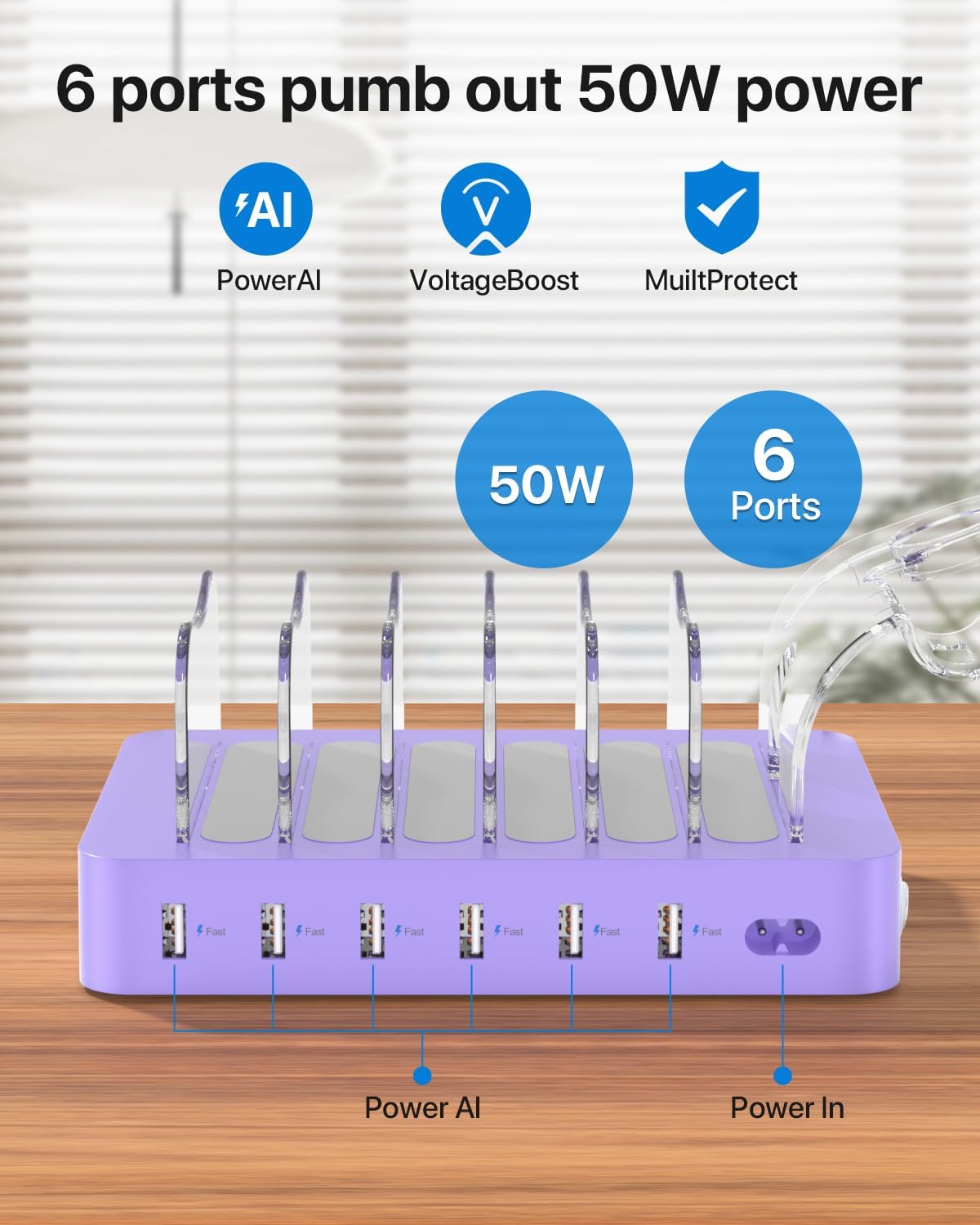 SooPii Premium 6-Port USB Charging Station Organizer for Multiple Devices, 6 Short Charging Cables and One Upgraded i-Watch Charger Holder Included, for Phones, Tablets, and Other Electronics, White