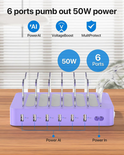 SooPii Premium 6-Port USB Charging Station Organizer for Multiple Devices, 6 Short Charging Cables and One Upgraded i-Watch Charger Holder Included, for Phones, Tablets, and Other Electronics, White