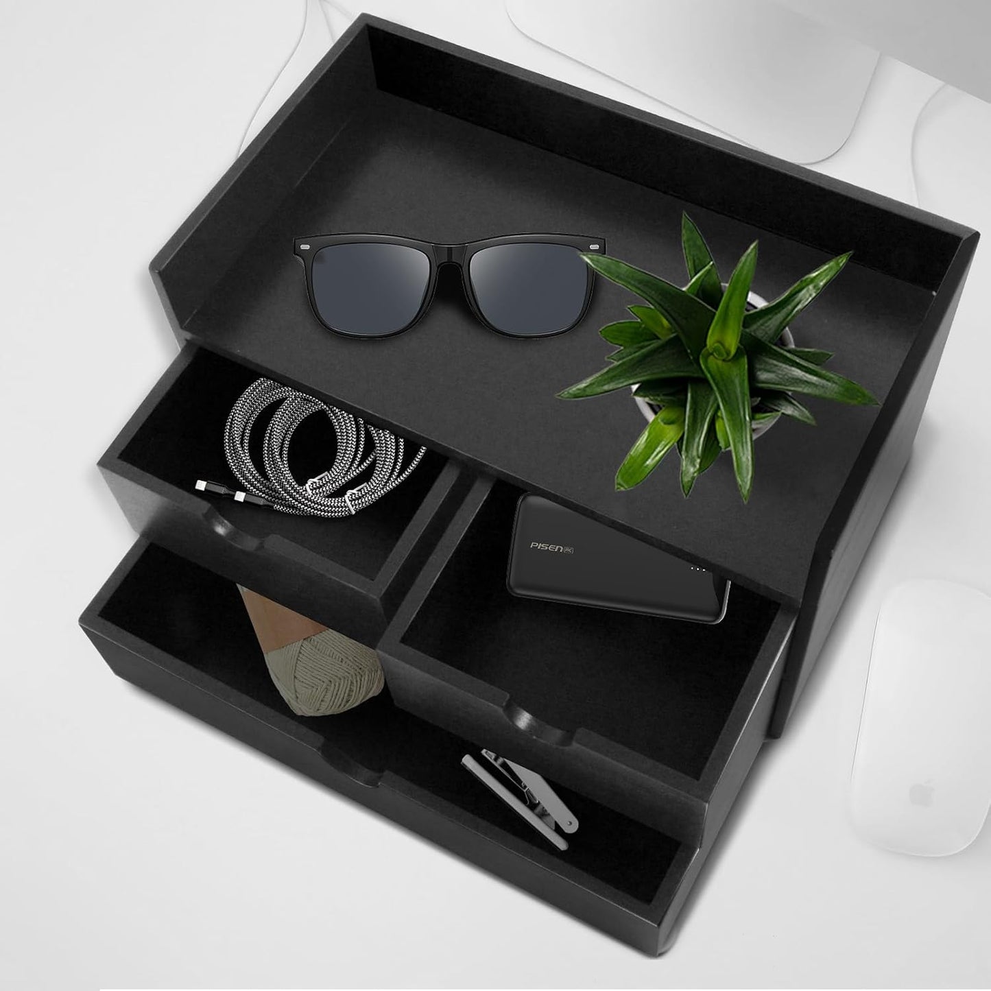 Charmewooden Bamboo Desk Organizer 3 Drawer with Shelf, Countertop Organizer with Drawers Makeup Storage Drawer 3 Drawers Tabletop Storage Organization Box Home Office Workspace（White）