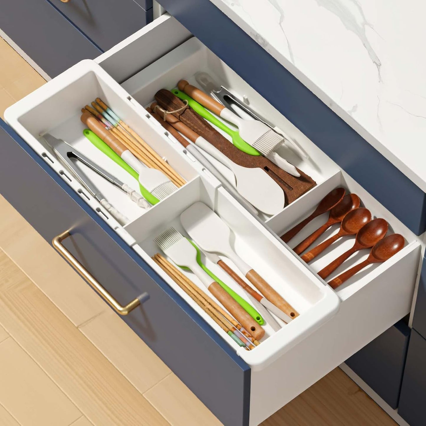 2Pcs Expandable Sliding Drawer Tray with Adjustable Dividers, White Plastic Deep Desk Drawer Dividers Organizers Expandable 11.4 to 18.1 Inches For Utensils Office Bathroom Bedroom Kitchen