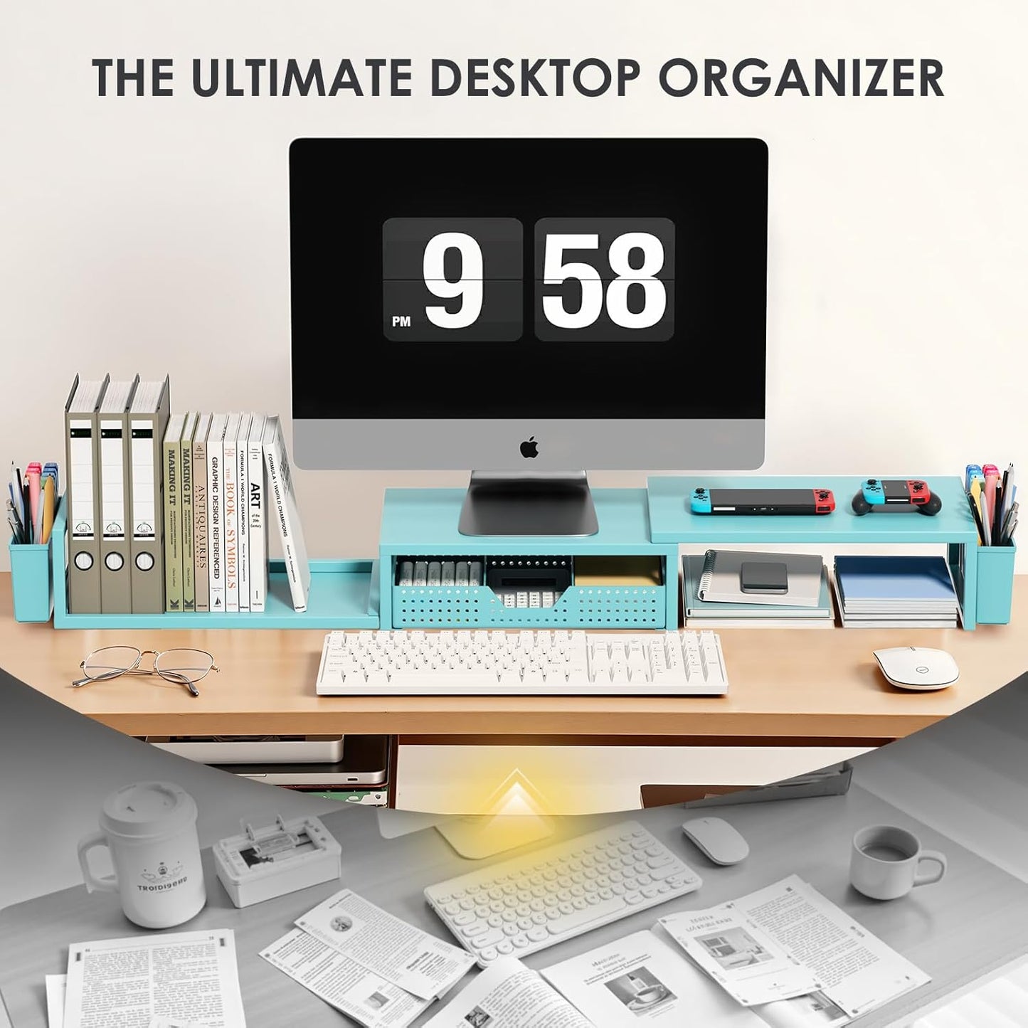 OPNICE Clear Acrylic Desk Organizers and Accessories, Dual Monitor Stand Riser with Drawer, Desk Shelf Computer Racks for Office Workspace Organizers, Desktop Organization (Transparent)