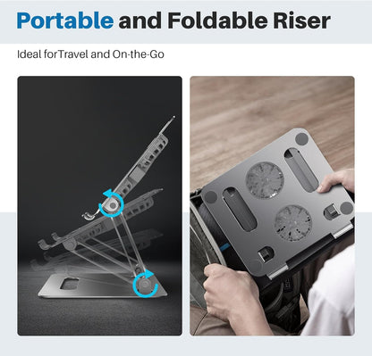 YICOSUN Adjustable Laptop Cooling Stand with 2 Quiet Fans & RGB Lighting, Aluminum Alloy & Foldable Ergonomic Design for MacBook, Lenovo, ASUS, Dell 10-16 Inch, Perfect for Gaming, DJ, Office - Silver