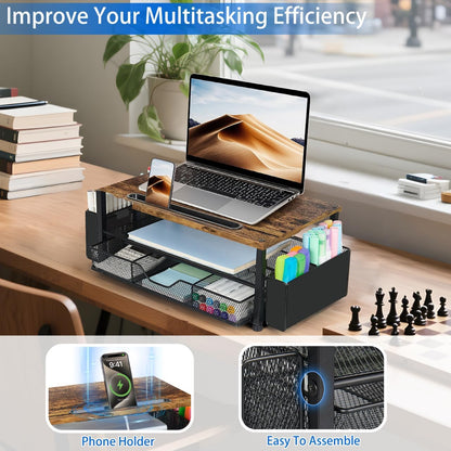 AUPSEN Wood Desk Organizers and Accessories, 2-Tier Computer Monitor Stand Riser with Drawer, Pen Storage & Phone Holder, Office Desk Accessories, Workspace Desktop Organization for Office Supplies（Brown）