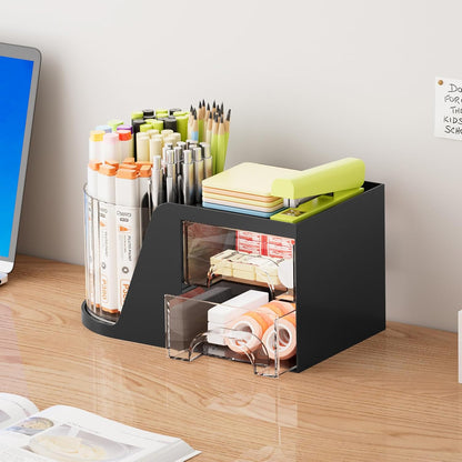 Marbrasse Desk Organizer with 2 Drawer, 360°Rotating Pen Holder, Desk Organizers and Accessories with 6 Slots Pencil Organizer + 2 Drawer, Art Supply Storage Box Caddy for Office (White)