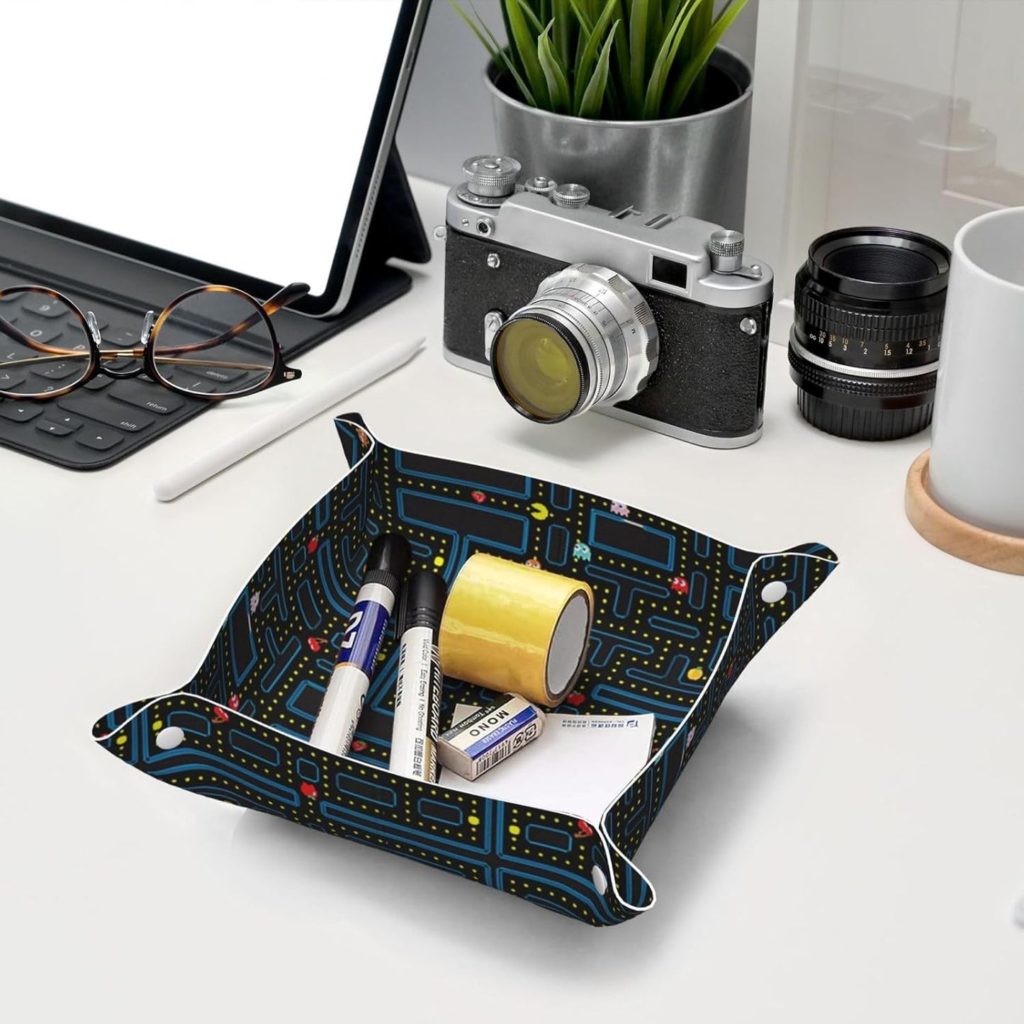 Retro Video Game Pattern Leather Vanity Tray Desktop Storage Organizer, Decorative Catchall Perfume Tray, Bathroom Valet Tray,Nightstand Caddy Holder for Keys Phone Wallet Coin Jewelry, S