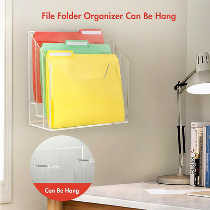 BEYGORM Acrylic File Folder Holder, 3 Tiers Clear Wall Hanging Magazine Rack, Desktop Large Vertical Tiered File Holder for Office and Home, Upright File Storage for Desk