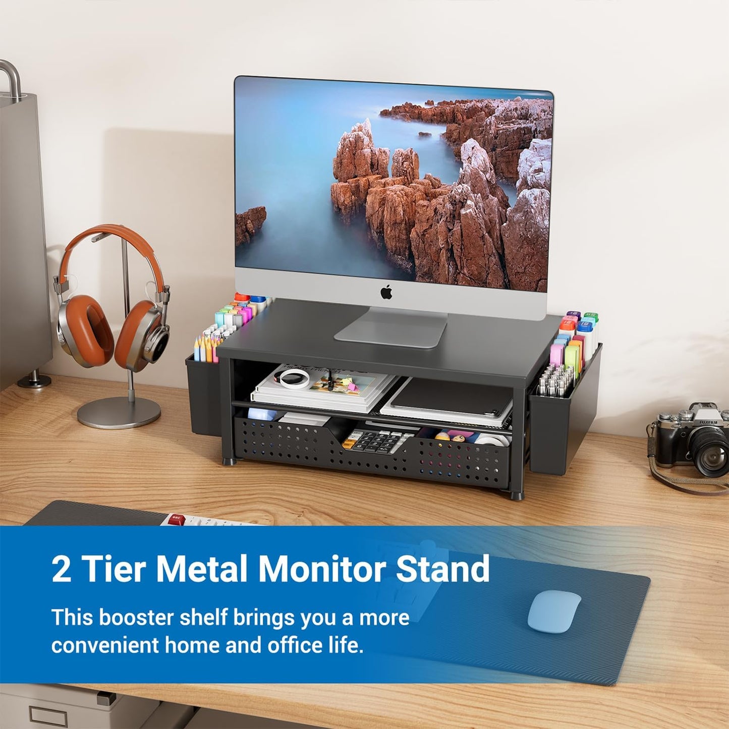 Small Laptop Stand for Desk, Monitor Stand Riser, Office Desk Accessories, Computer Desktop Stand with Drawer for Home, Office, School (Mint Green)