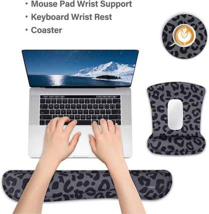 MOSISO Wrist Rest Support for Mouse Pad&Keyboard Set, Leopard Grain Ergonomic Mousepad&Coaster Non-Slip Base Home/Office Pain Relief&Easy Typing Cushion with Neoprene Cloth&Raised Memory Foam, Black