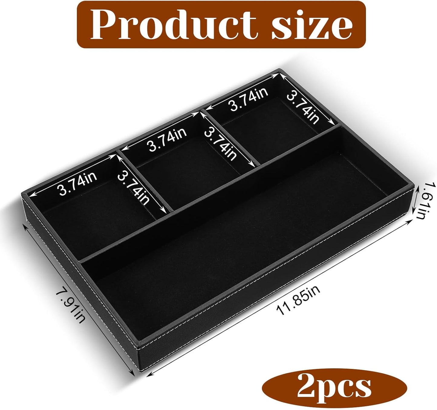 2 Pieces Faux Leather Valet Tray for Men, Stackable Jewelry Organizer for Drawers, Nightstand Caddy Tray for Key, Wallet, Sunglass, Watch, Coin, Phone, Bedside Desk-top Storage (Black)