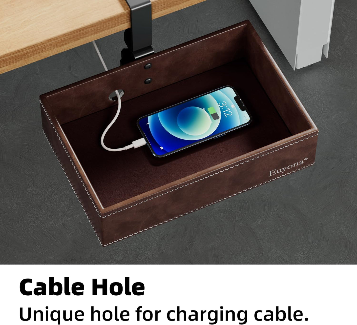 PU Leather Under Desk Organizer with 360° Rotating Clamp – for Computer Accessories, Stationery, Remote Control & Phone Storage, Black