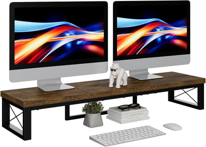 IBUYKE Large Dual Monitor Stand Riser for 2 Monitors, Wooden Desktop Computer Monitor Stand Storage Shelf and Steel Legs,Dual Screen Office Desk,Monitor Riser for Computer, Printer,Laptop,TV,Black UTDJ002B