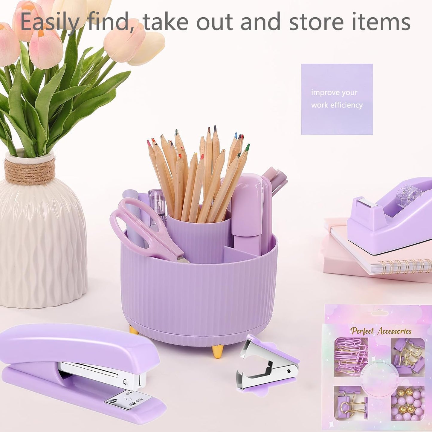 suniya Office Supplies,Gold Desk Accessories,with Stapler,Tape Dispenser,Pen Holder,Scissors,Phone Stand,Staple Remover,Ballpoint Pen,Clear Tape, Staples,Ruler,Clips,Best Gift for Business or Boss