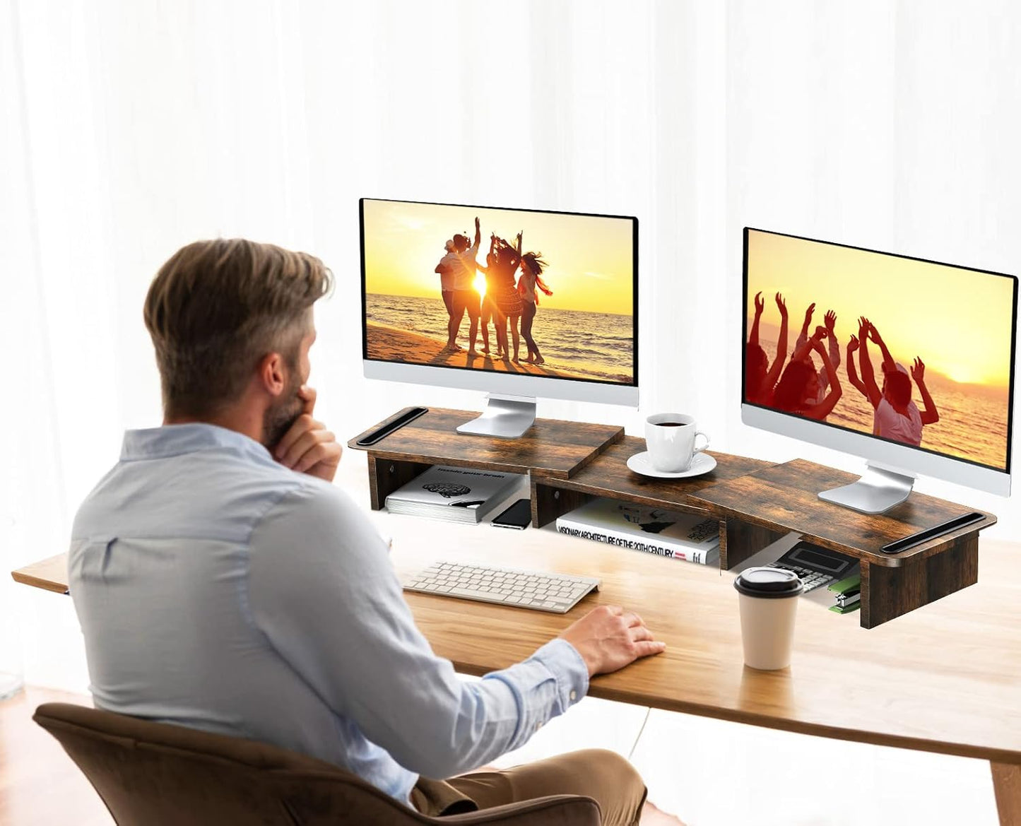 Monitor Stand Riser, 2 Tiers Wood Monitor Riser Stand with Desktop Shelf Storage Organizer, Ergonomic Desk & Tabletop Organizer Desktop Stand for Laptop Computer, MacBook, PC(Rustic Brown)