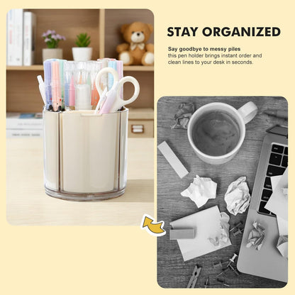 Comix 360° Rotating Pen Holder for Desk, Cute Pencil Holder Pen Organizer, Beige Acrylic Pencil Cup Caddy with 5 Slots for Home School Office Supplies
