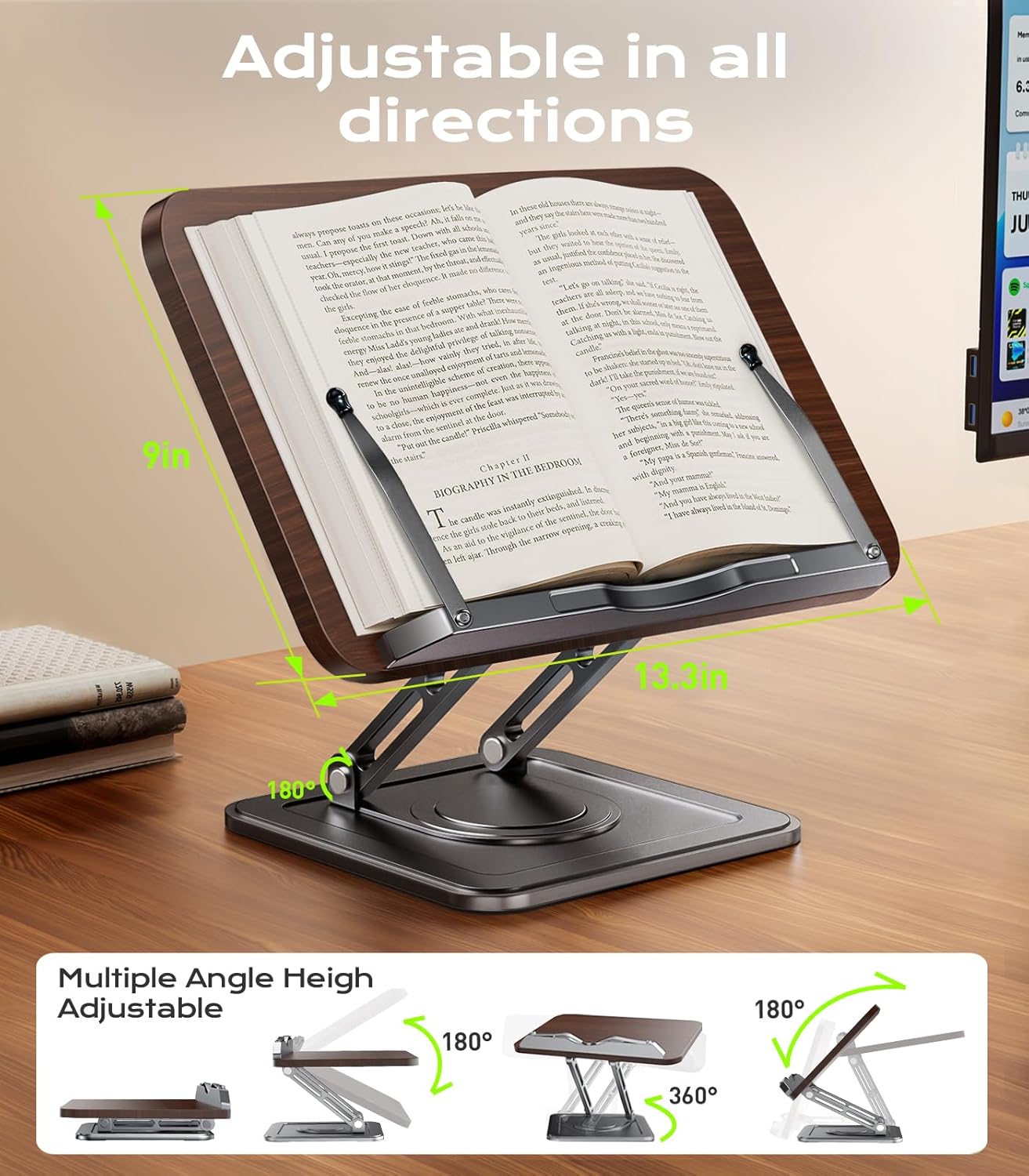 Book Stand for Reading, Adjustable Book Holder with 360°Rotating Bases, Ergonomic Cookbook Stand Recipe Book Holder with Elastic Page Clips for Magazines, Tablets, Laptops,Black