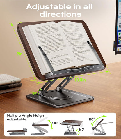 Book Stand for Reading, Adjustable Book Holder with 360°Rotating Bases, Ergonomic Cookbook Stand Recipe Book Holder with Elastic Page Clips for Magazines, Tablets, Laptops,Black