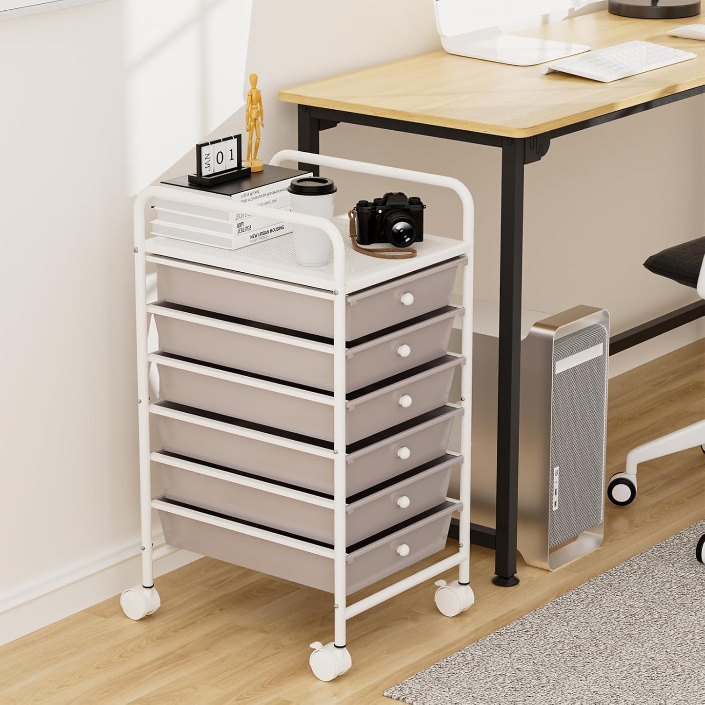 4-Tier Utility Cart with 4 Drawers, Rolling Utility Cart with 2 Lockable Caster Wheels, Multipurpose Mobile Rolling Drawer Cart for Office Bathroom Kitchen, Ivory White