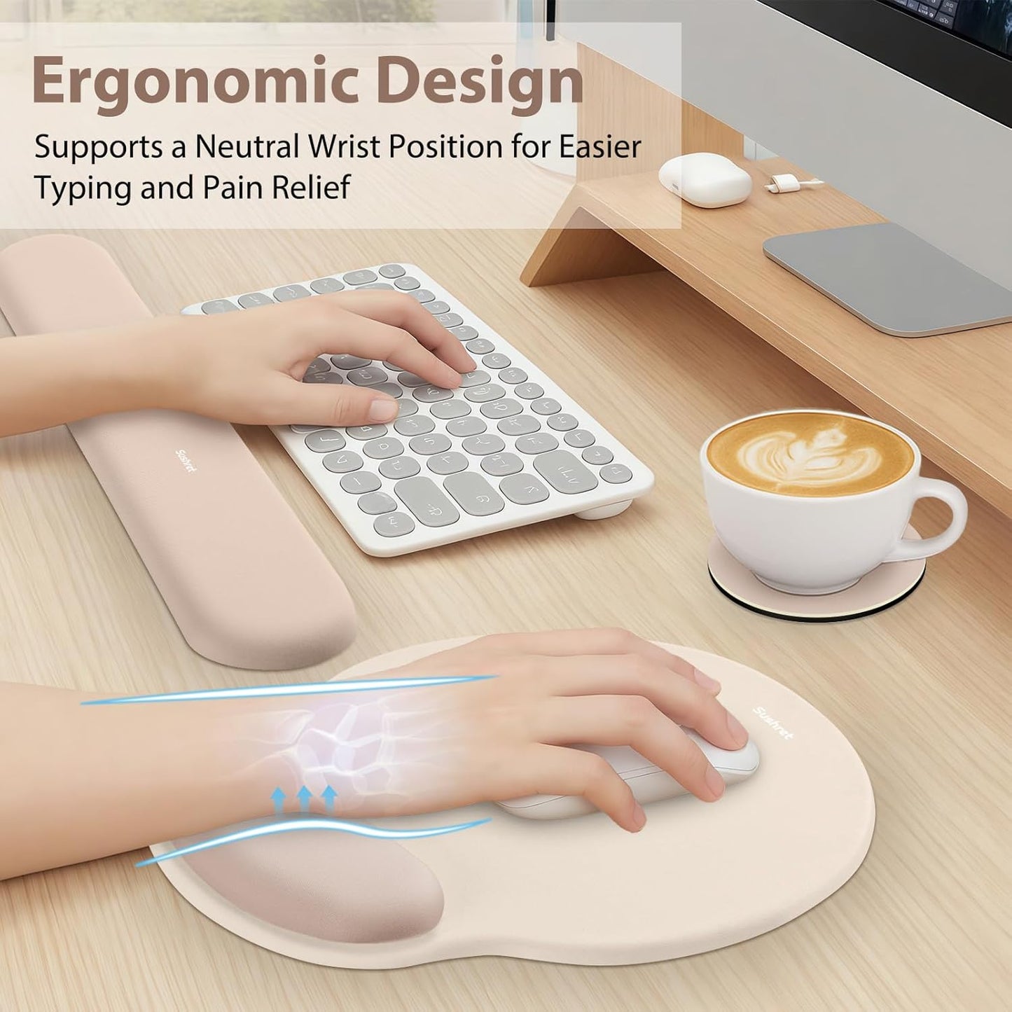 Sushret Mouse Pad and Keyboard Wrist Rest, 3-in-1 Gel Memory Foam Ergonomic Mouse Pad with Wrist Rest Set,Gaming Mousepad Arm Cushion Support for Computer Office Desk Accessories Cute Setup,Sage Green