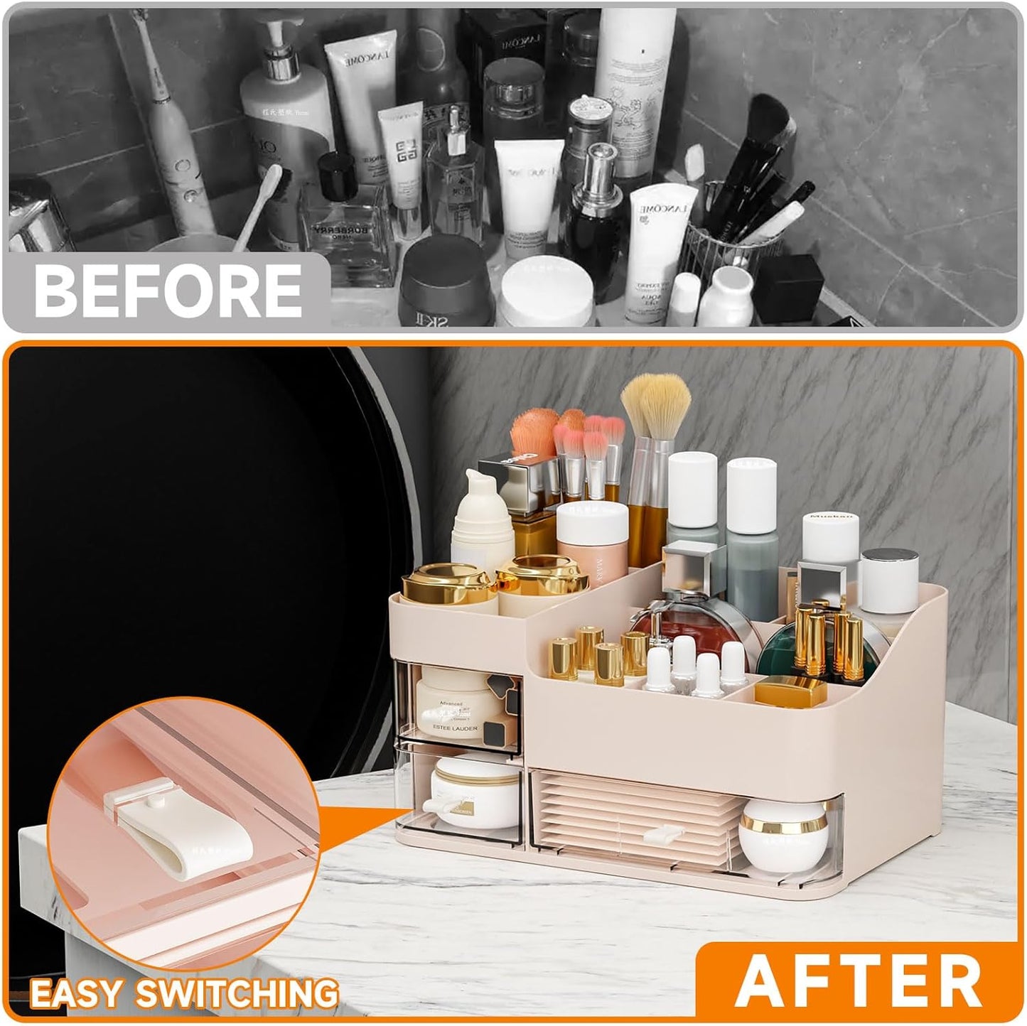 SuoXing White Make up Organizers for Vanity,Large Plastic Bathroom Counter Organizer With Drawers,Skincare Organizers and Cosmetic Storage for Dresser Top Skin Care,Beauty Products and Brush Holder