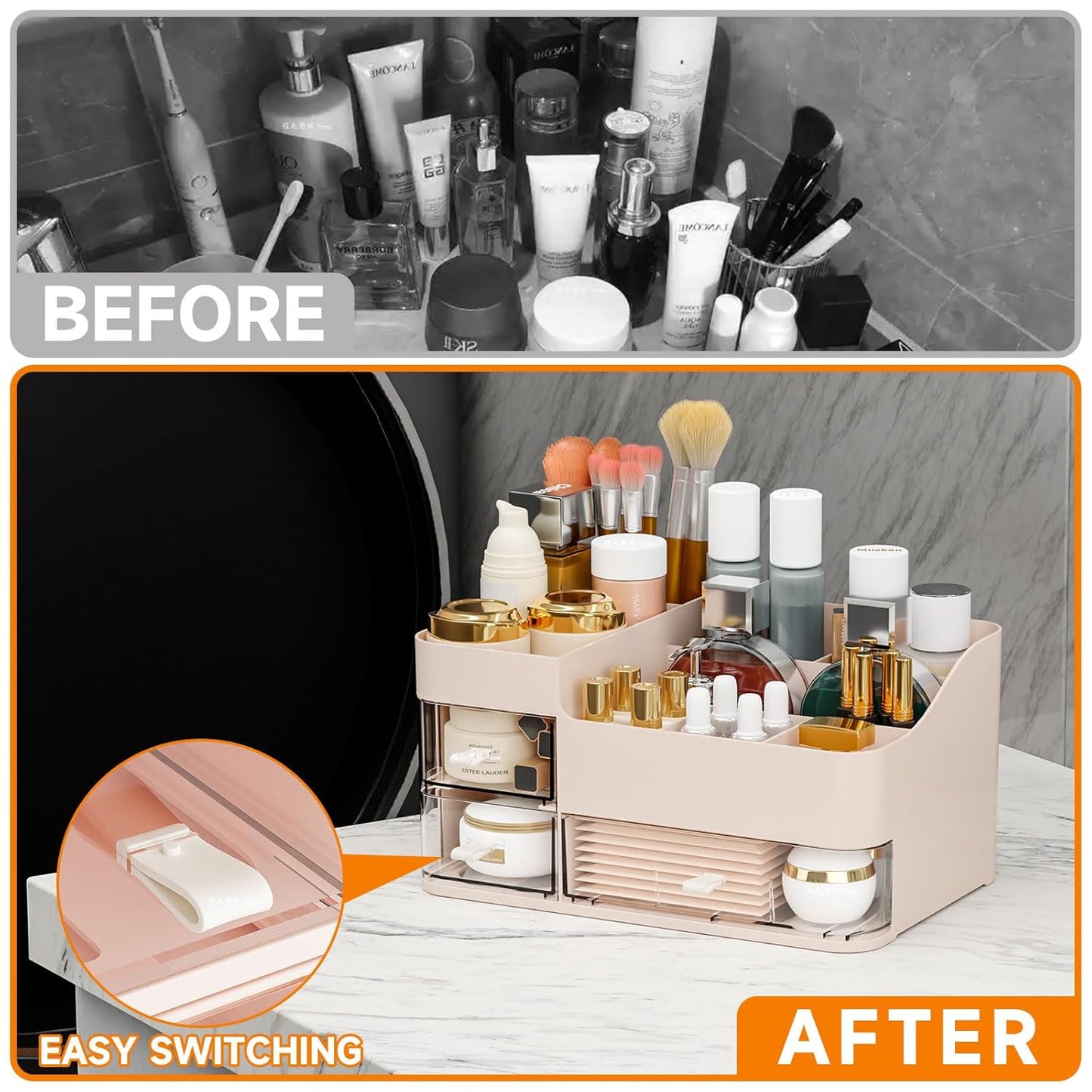 White Makeup Organizer With Drawers,Large Skincare Organizers for Countertop,Desk,Dresser,Plastic Bathroom Counter Organizer for Brush,Palettes,Perfume,Beauty Products Organization,Skin Care Storage