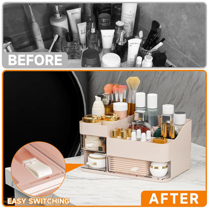 White Makeup Organizer With Drawers,Large Skincare Organizers for Countertop,Desk,Dresser,Plastic Bathroom Counter Organizer for Brush,Palettes,Perfume,Beauty Products Organization,Skin Care Storage