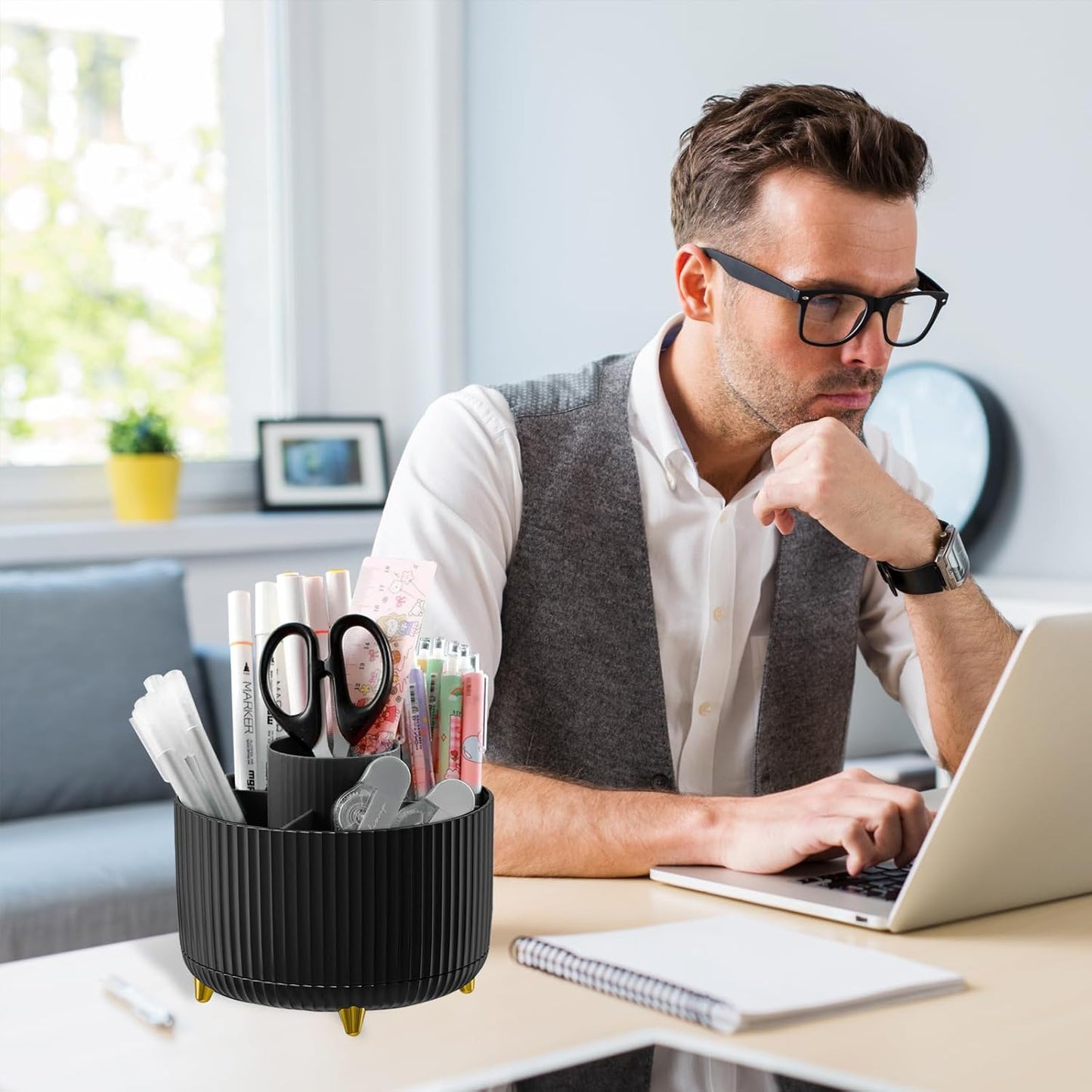 Cayxenful Pencil Holder For Desk,5 Slots 360°Degree Rotating Desk Organizers And Accessories,Desktop Storage Stationery Supplies Organizer, Cute Pencil Cup Pot For Office, School, Home (B-White)