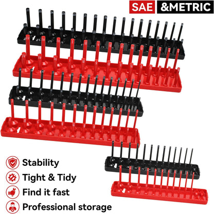 AIUITIO 6PCS Socket Organizer Tray Set, Red SAE & Black Metric Socket Storage Trays, 1/4-Inch, 3/8-Inch & 1/2-Inch Drive Deep and Shallow Socket Holders for Toolboxes