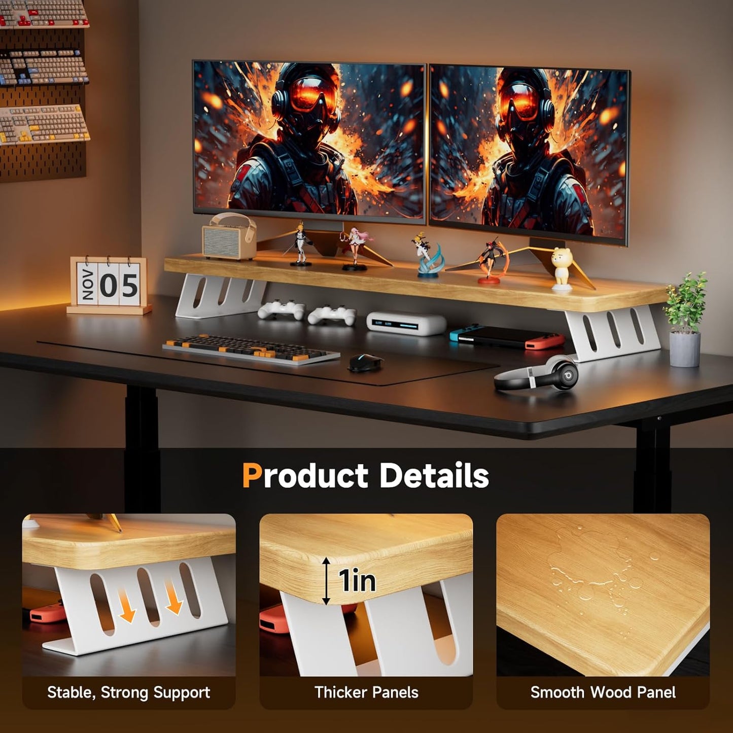 Monitor Stand Riser, 39 Inch Large Wood Monitor Stands for 2 Monitors
