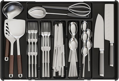 Yieach Clear Expandable Silverware Drawer Organizer - Adjust From 11'' to 22'' - Knife,Cutlery,Spoons and Forks Organizer,Large 8 Grid Flatware,Silverware Tray,Utensil Organizer for Kitchen Drawers