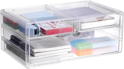 BTSKY Clear Acrylic Drawer Organizer, Stackable Container with 2 Narrow + 1 Large Drawers, Desk Organizer for Stationery Study Essentials Makeup Jewelry, Multipurpose Storage Box for Office and Home