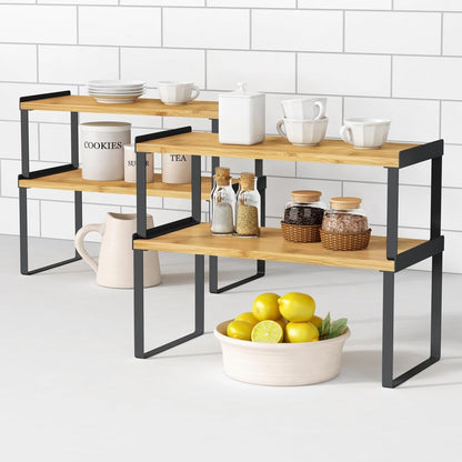 Goozii Kitchen Cabinet Organizer Shelf Set of 4, Large Stackable Pantry Cupboard Countertop Storage and Organizer, Desk Shelf Riser, Spice Plate Cup Expandable Storage Rack (Bamboo White)