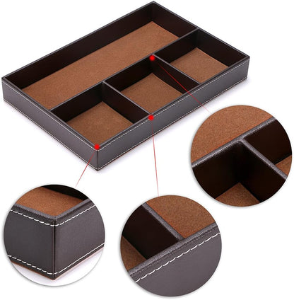 BTSKY 4 slots Desk Drawer Organizer, PU Leather Drawer Storage Organizer Divider for Office Desk Supplies Value Collection and Accessories Multi-Purpose Storage Desktop Organizer Tray(Brown)