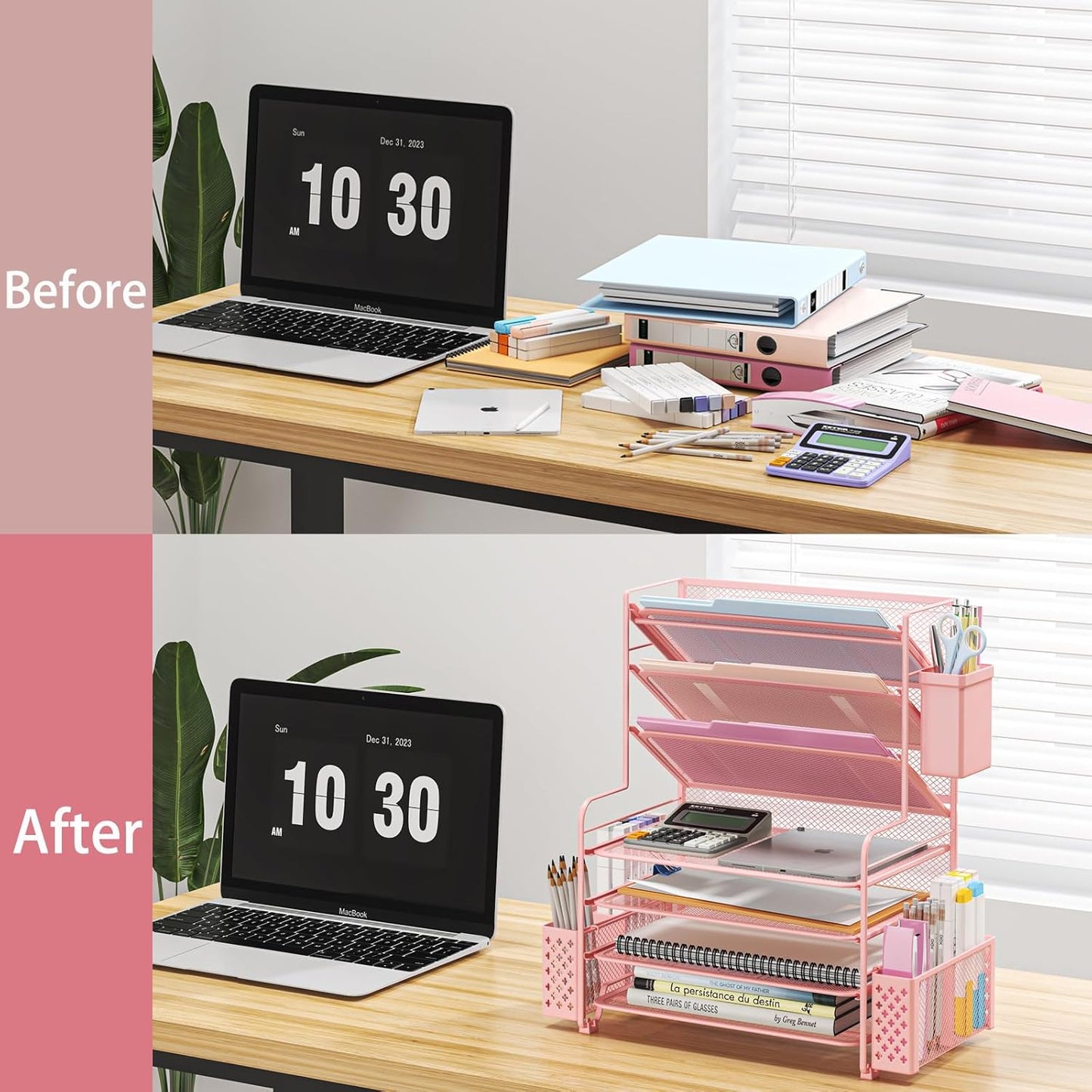 Simple Trending 7 Tier Desk File Organizer, Letter Tray Paper Organizer with Pen Holder and Metal Hanging Basket, Black
