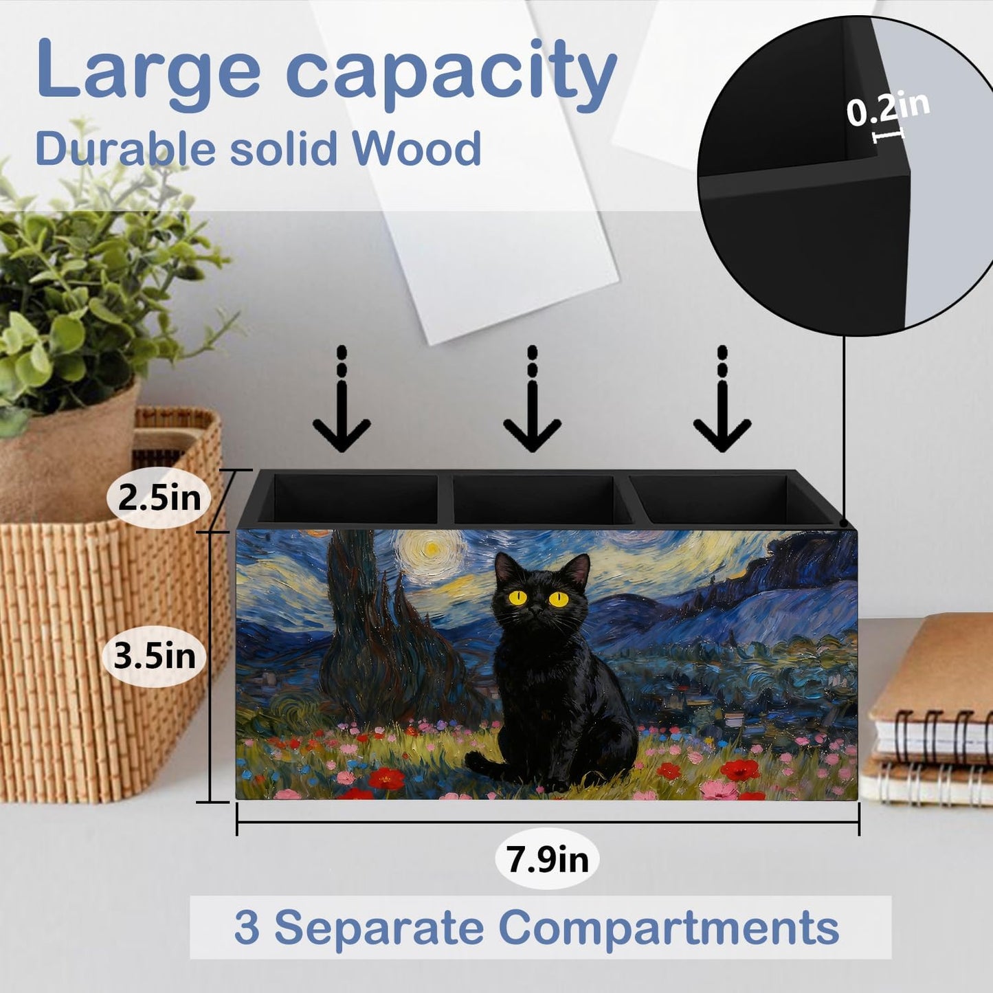 Gothic Office Decor Black Wooden Pen Pencil Holder for Desk Accessories, Dark Gothic Witchy Aesthetic Wood Makeup Brush Toothbrush Holder Organizer for Vanity Bathroom