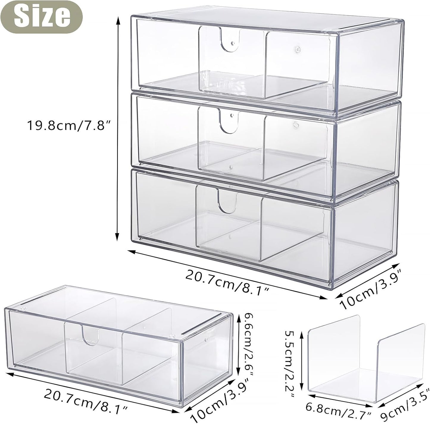Hipiwe Acrylic Storage Drawers 3-Tier Stackable Bathroom Makeup Organizer Cotton Swabs Qtip Holder for Vanity Cosmetics Clear Desktop Organizer with Removable Dividers, 8.1"Lx 3.9"Wx7.8"H