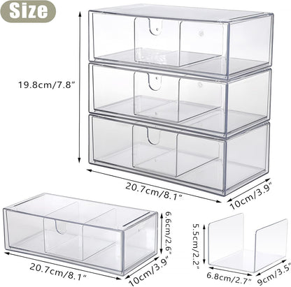 Hipiwe Acrylic Storage Drawers 3-Tier Stackable Bathroom Makeup Organizer Cotton Swabs Qtip Holder for Vanity Cosmetics Clear Desktop Organizer with Removable Dividers, 8.1"Lx 3.9"Wx7.8"H