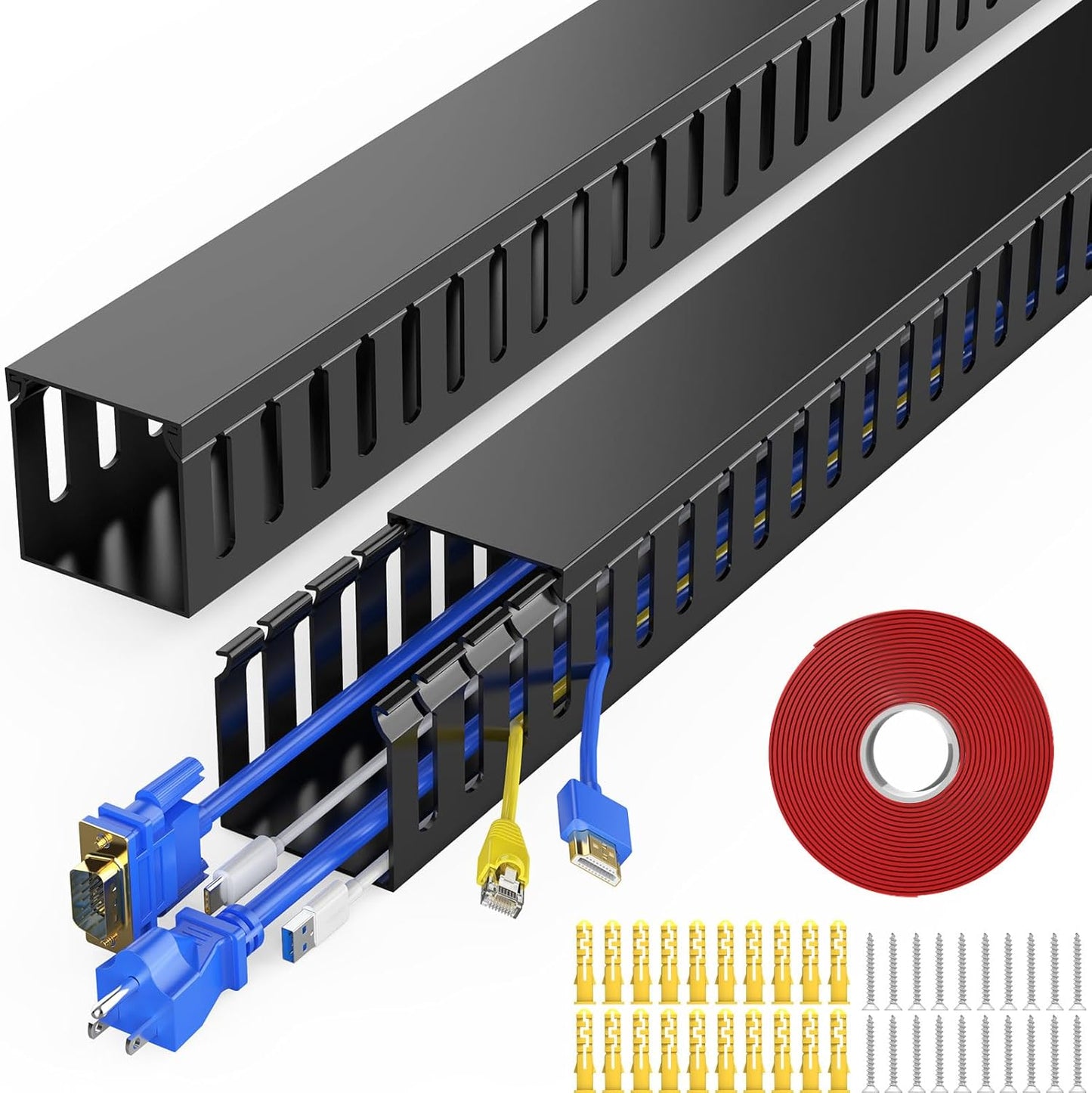 Open Slot Wiring Raceway Cable Duct, 123in Cable Management Channel Cord Track,Desk Wire Channel, Under Desk Cable Management to Hide Cables, Wires for Computers (Black, 1.57" Hx1.57"W, 15.4''L(8 Pc))