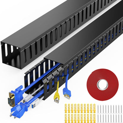 Open Slot Wiring Raceway Cable Duct, 123in Cable Management Channel Cord Track,Desk Wire Channel, Under Desk Cable Management to Hide Cables, Wires for Computers (Black, 1.57" Hx1.57"W, 15.4''L(8 Pc))