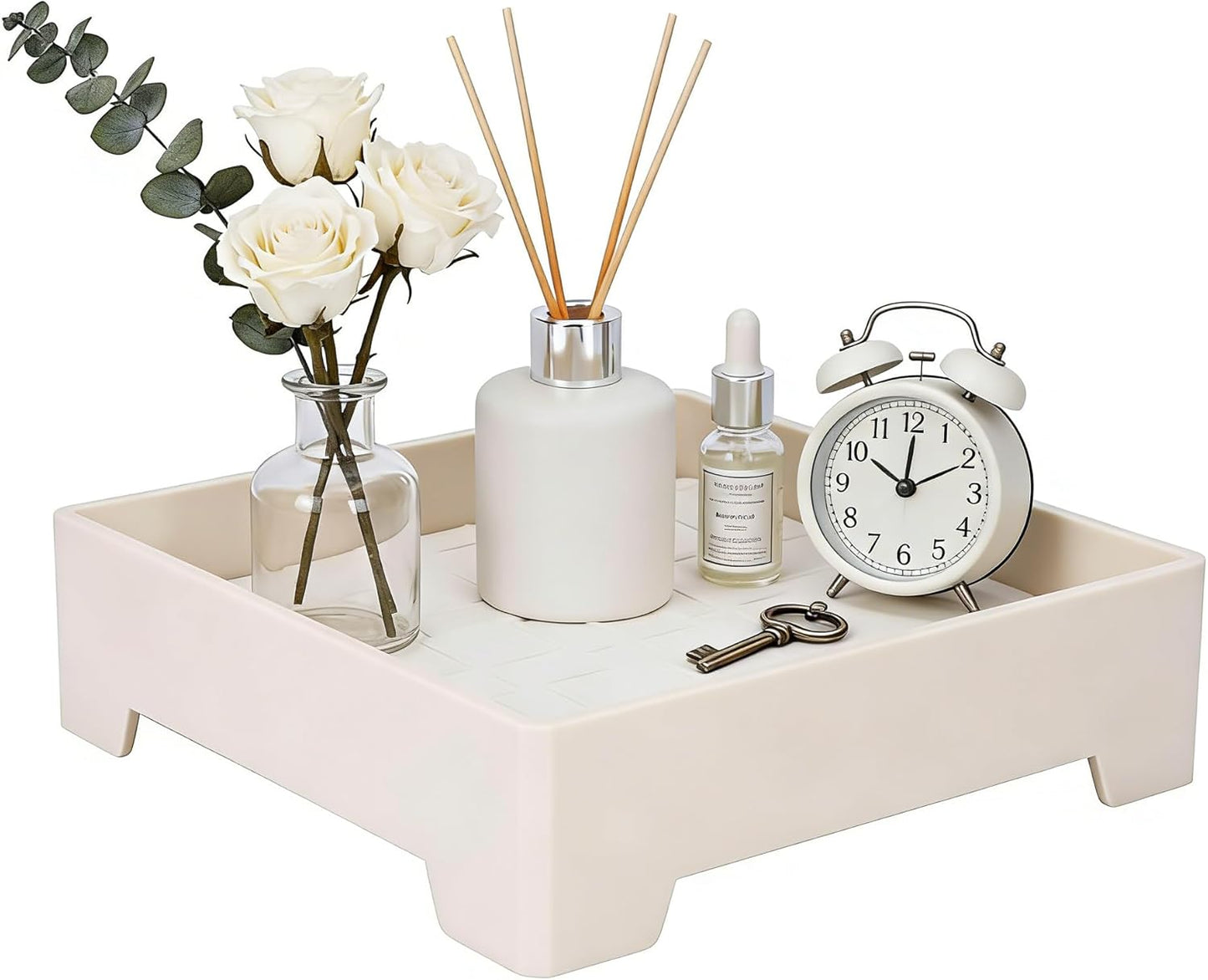 Square Vanity Tray with Cushion, 8" x 8" Desktop Organizer, Valet Tray for Jewelry, Perfume, Keys, Eyewear, Nightstand Catchall Tray for Dresser, Entryway, Living Room, Beige