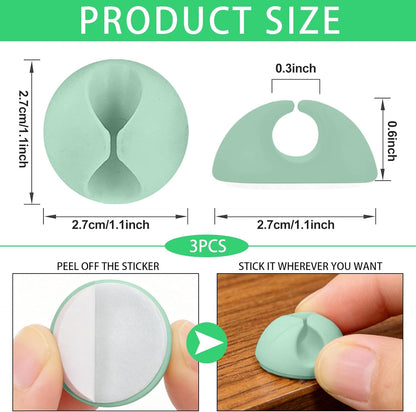 3PCS Cord Holder Cable Clips, Round Silicone Adhesive Cord Organizer Charger Holder Wire Management Keeper for Home, Nightstand, Desk, Office or Mouse, Light Green