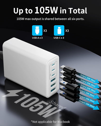 105W USB C Fast Charger, 6-Port Desktop GaN USB Charging Station Hub, USB C Charger Block Wall Charger for iPhone 17/16/15/14/13/12/11, iPad, Samsung and More (Cable Organizer Included)
