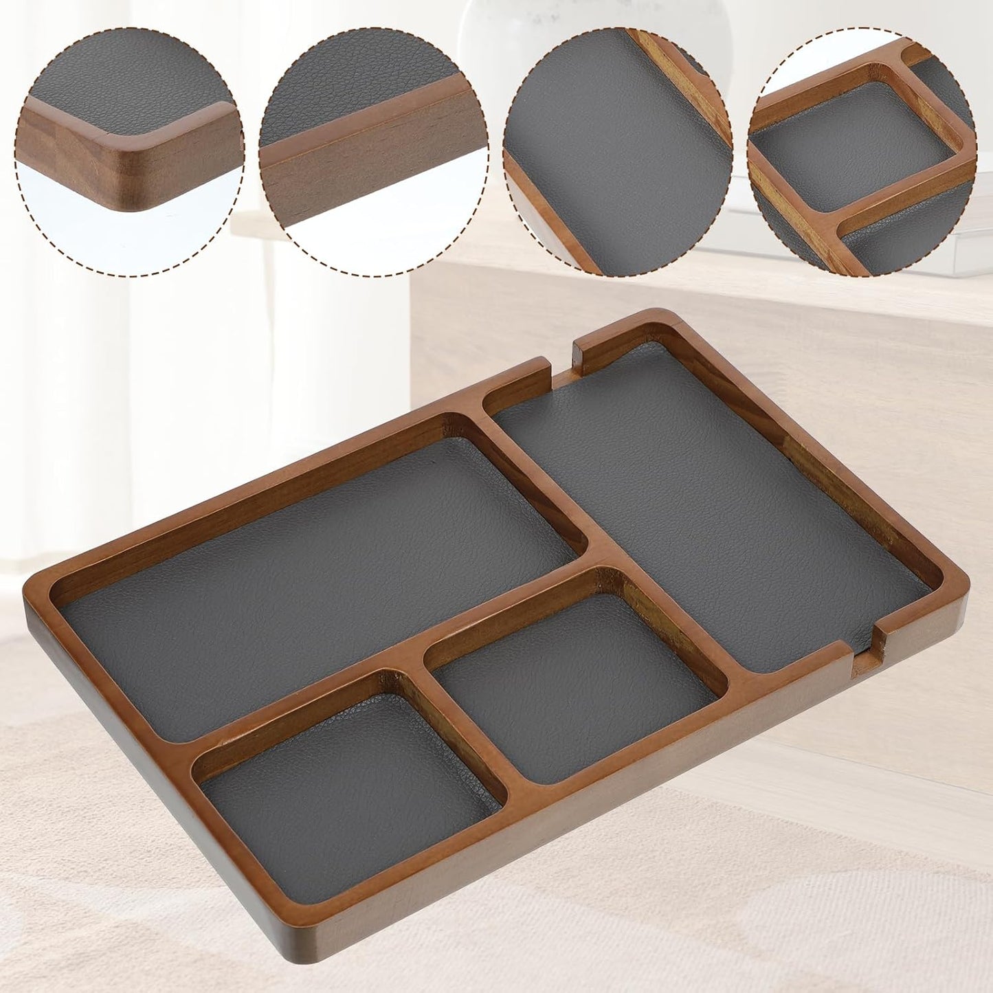 1 Pcs Wooden Valet Tray with Leather Inlay, 11.6 x 7.9 Inch Valet Tray for Men Black Sandalwood Catchall Trays EDC Trays for Nightstand, Desk, Keys, Wallet, Watch, Jewelry, Phone