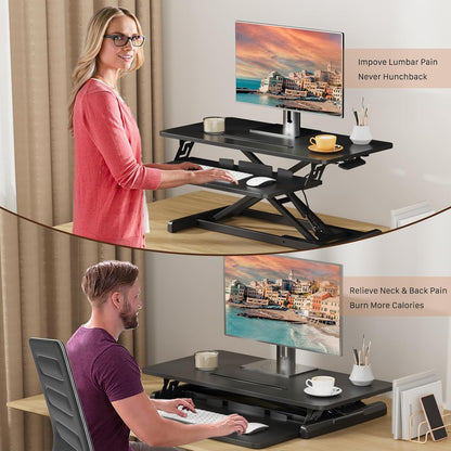 JOY worker Standing Desk Converter, 32" Wide Height Adjustable Sit Stand Up Desk Riser with Keyboard Tray, Desktop Workstation Riser for Home Office Computer Laptop, Particle Board, White