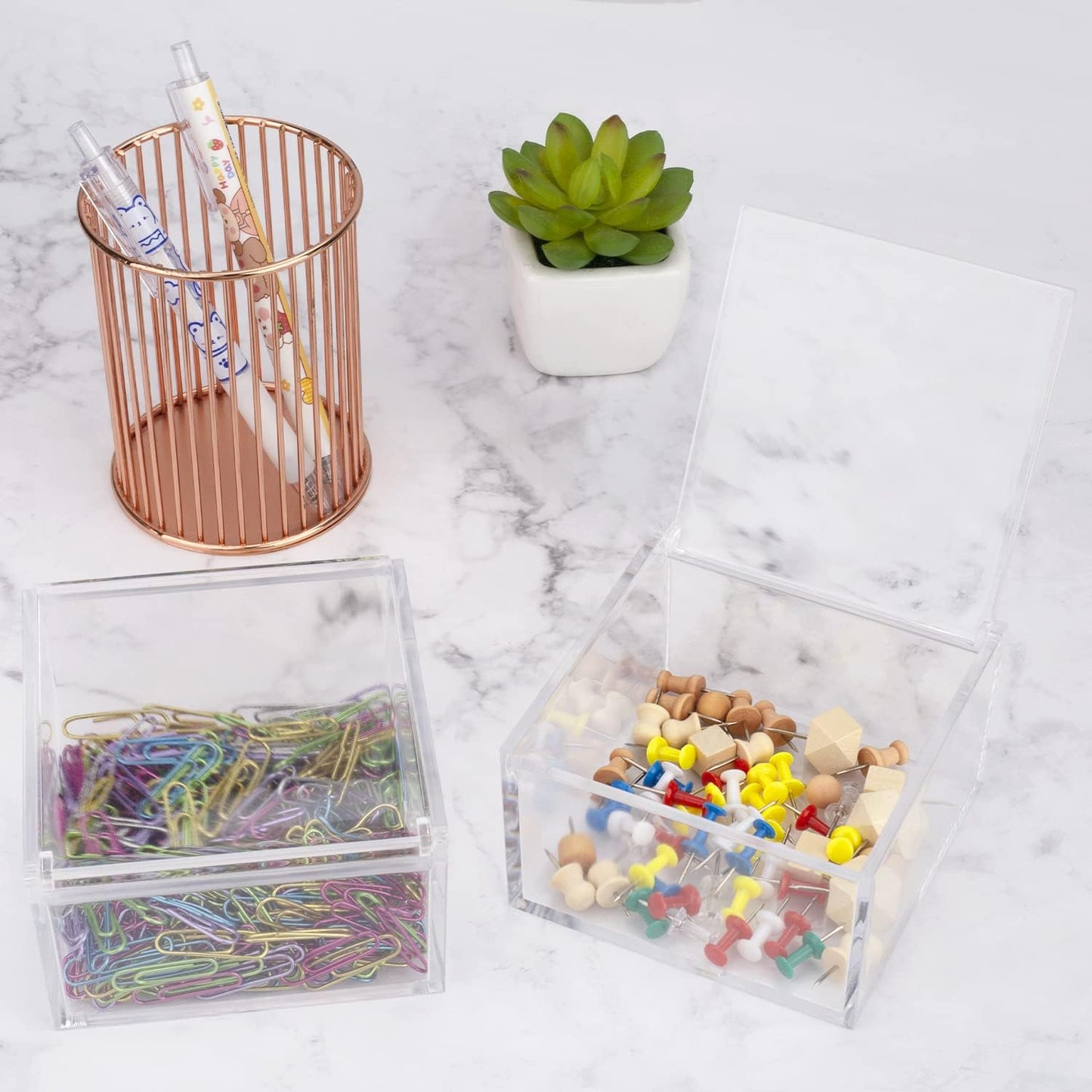 2 Pack Small Clear Acrylic Organizer with Lid for Paper Clips,Sticky Note,Qtip,Cotton Balls,Hair Ties Holder Acrylic Box for Home office Bathroom Desk Organizer