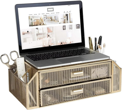 BLU MONACO | Monitor Stand with Drawer Storage | Desk Top Monitor Stand Riser Gold | Computer Support Organizer Elevador de Monitor